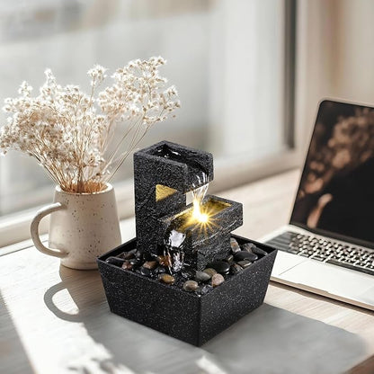 8 Inch Modern Black Tabletop Water Fountain with LED Light – Indoor Waterfall Feature for Home or Office Décor, Zen Relaxation Desktop Water Fountain Outdoor