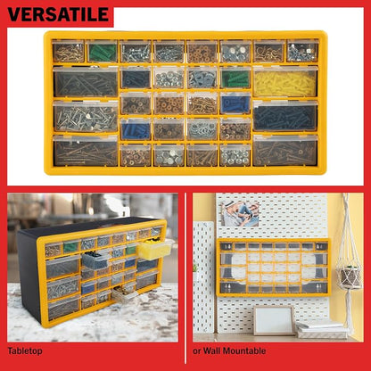 30-Drawer Plastic Small Parts Organizer - Desktop or Wall Storage Drawers for Organizing Hardware, Crafts, Garage, or Classroom by Stalwart (Yellow)