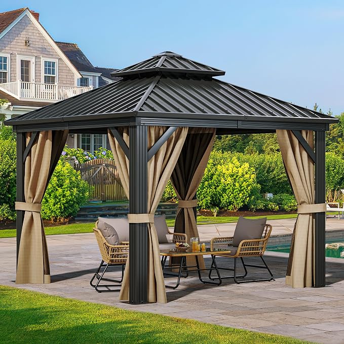 YITAHOME 10x10ft Hardtop Gazebo with Nettings and Curtains | Heavy Duty Double Roof Galvanized Steel Outdoor Combined of Horizontal Vertical Stripes Roof for Patio, Backyard, Deck, Lawn