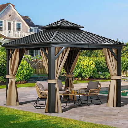 YITAHOME 10x10ft Hardtop Gazebo with Nettings and Curtains | Heavy Duty Double Roof Galvanized Steel Outdoor Combined of Horizontal Vertical Stripes Roof for Patio, Backyard, Deck, Lawn