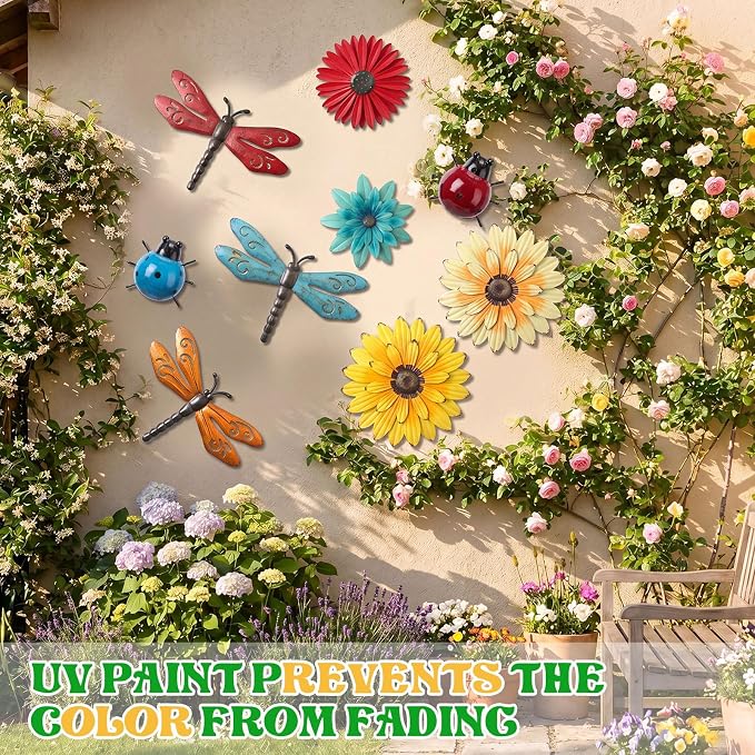 Therwen 9 Pcs Metal Wall Art Decor for Outside 3D Metal Sunflower Backyard Decorations Hanging Outdoor Wall Art Multicolored Flowers for Garden Fence Patio Yard Outdoor Porch