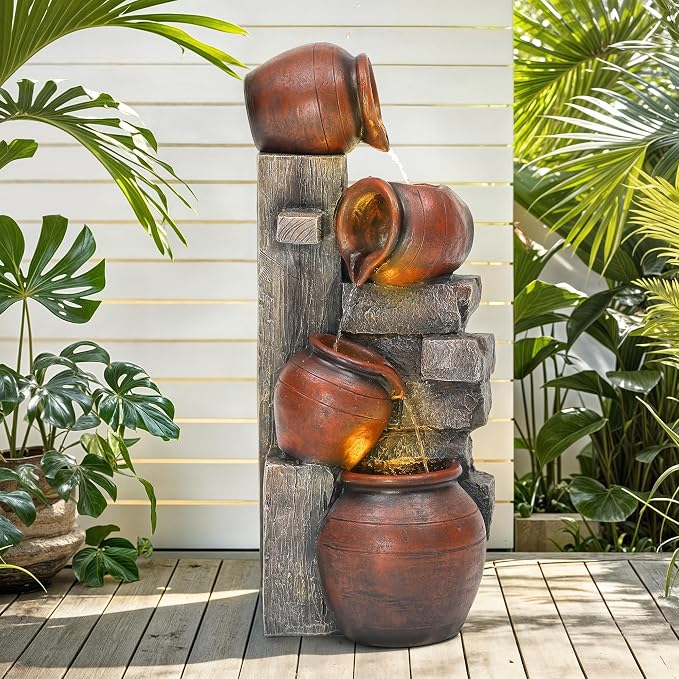 AUTODAYA 31.5" H Outdoor Water Fountain with LED Lights | Farmhouse Style Water Feature with Cascading Waterfall for Patio, Porch, or Yard