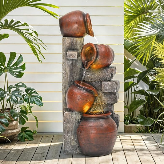 AUTODAYA 31.5" H Outdoor Water Fountain with LED Lights | Farmhouse Style Water Feature with Cascading Waterfall for Patio, Porch, or Yard