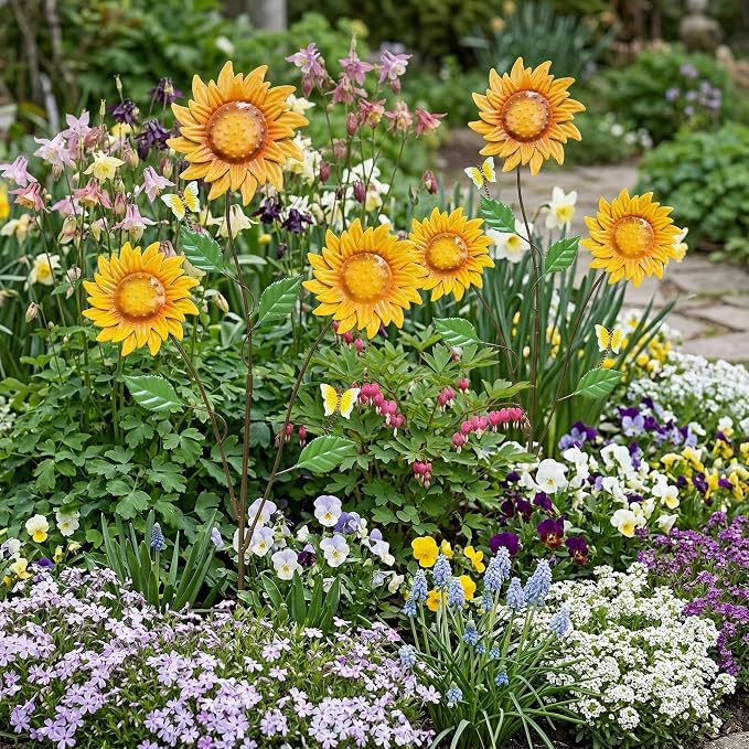 Metal Flowers for Outside, 30-Inch Iron Sunflower Garden Stakes Set of 2, Metal Yard Art Outdoor and Garden, Decorative Garden Stakes for Patio & Lawn Decor (Yellow)