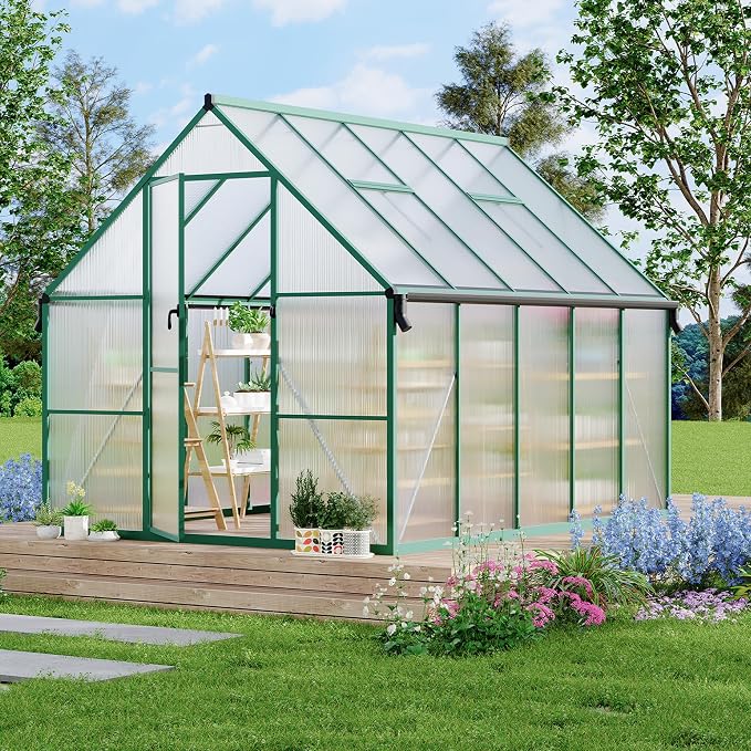 GarveeLife 8X10FT Polycarbonate Greenhouse with Aluminum Frame, Polycarbonate Greenhouse for Outdoors, Greenhouses with Ventilation and Rain Gutter, Aluminum Large Walk-in Greenhouses for Outside