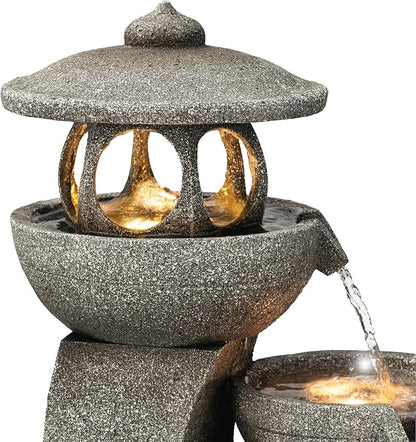 Glitzhome Pagoda Outdoor Water Fountain with LED Light, 4-Tier Oversized Cascading Stacked Stone Waterfall Fountains, Natural Stone Look Outdoor Fountain for Garden Patio Porch, 32”H