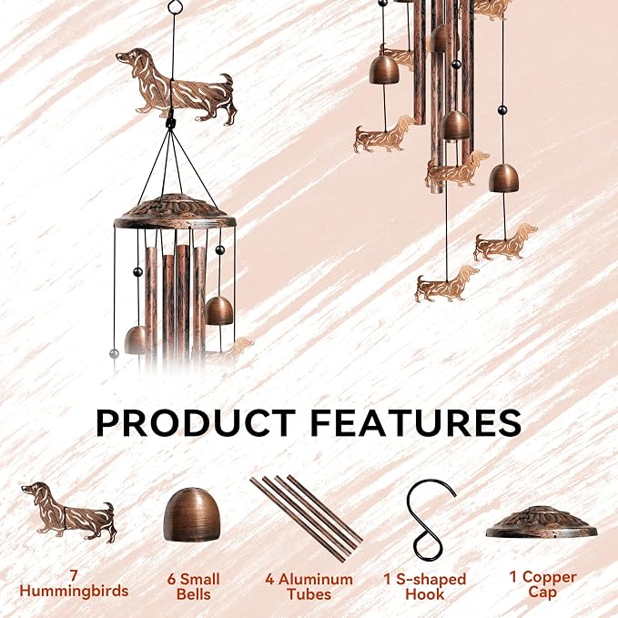 Dachshund Wind Chimes for Outside, Decorative Wind Chimes Dachshund Gifts for Women/Men, Memorial/Birthday Gifts, Garden Decor for Outside, Patio or Yard, Durable Chimes for Outdoors