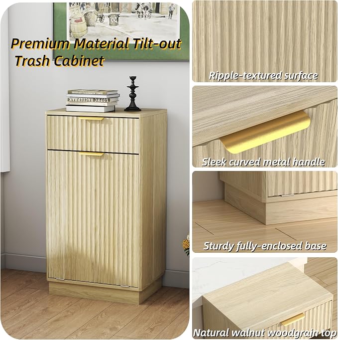 Ball & Cast 10-Gallon Tilt Out Trash Can Cabinet with Hideaway Drawer, Wooden Freestanding Garbage & Recycling Cabinet, Wave-Textured Pull-Out Bin for Kitchen, Bathroom, Living Room (Natural Oak)