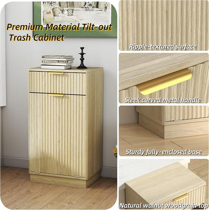 Ball & Cast 10-Gallon Tilt Out Trash Can Cabinet with Hideaway Drawer, Wooden Freestanding Garbage & Recycling Cabinet, Wave-Textured Pull-Out Bin for Kitchen, Bathroom, Living Room (Natural Oak)