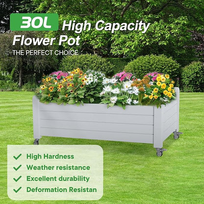 PatioZen Raised Garden Bed with Wheels, 21 Gallon Self-Watering Outdoor Raised Planter Box with Drainage Plug & Gauge for Vegetables Flowers Herbs, Rustproof Resin for Backyard Patio Porch (Ashen)