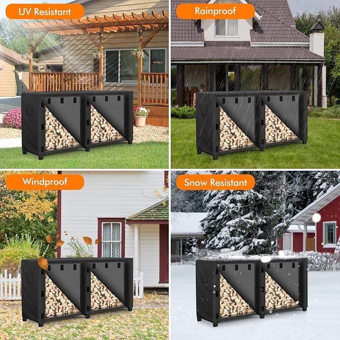WLEAFJ 8 foot Outdoor Firewood Rack Cover Waterproof, Log Rack Cover, Wood Cover for Log Holder, 96" W x 24" D x 41" H, Black