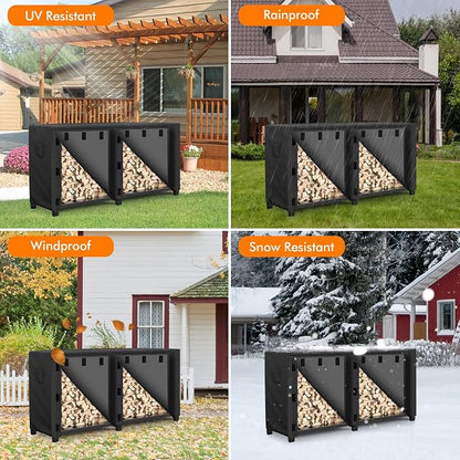 WLEAFJ 8 foot Outdoor Firewood Rack Cover Waterproof, Log Rack Cover, Wood Cover for Log Holder, 96" W x 24" D x 41" H, Black
