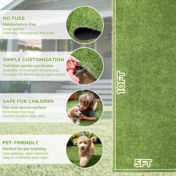 Artificial Grass Rug Indoor Outdoor, 5 x 10FT Fake Grass Turf with Drainage Holes, Realistic Artificial Lawn Rug Dog Pets Mat, Turf Carpet for Garden Lawn Landscape Balcony Patio Backyard Decor