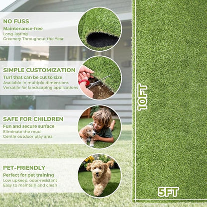 Artificial Grass Rug Indoor Outdoor, 5 x 10FT Fake Grass Turf with Drainage Holes, Realistic Artificial Lawn Rug Dog Pets Mat, Turf Carpet for Garden Lawn Landscape Balcony Patio Backyard Decor