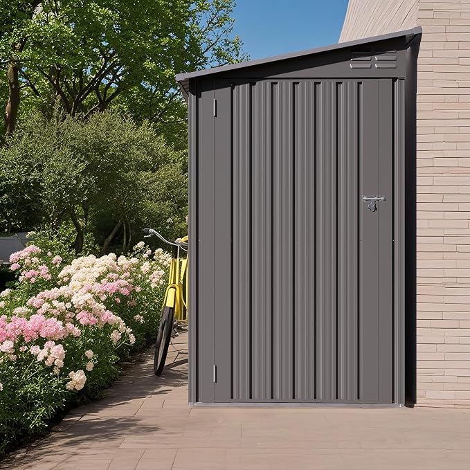 Outdoor Metal Storage Shed, Galvanized Steel Garden Shed with Sloped Roof & Air Vents, Waterproof Rust-Resistant Backyard Tool Storage House for Patio Lawn Garden Trash Can Storage, Easy Assembly