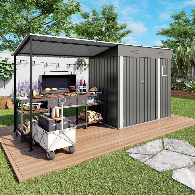 YOPTO 12x4 FT Metal Lean to Shed with Open-Sided Pergola,4x6 FT Outdoor Storage Shed & 6x4 FT Attached Hardtop Gazebo Combo,2-in-1 Durable Garden Tool Shed for Patio, Backyard, Deck,Gray