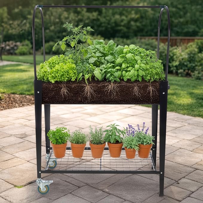 Raised Garden Bed with Cover - 31.5”x15.75”x47.25” Metal Elevated Planter Box with Legs, Greenhouse Cover, Wheels, and Storage Shelf - for Growing Flowers, Vegetables, or Herbs by Pure Garden (Black)