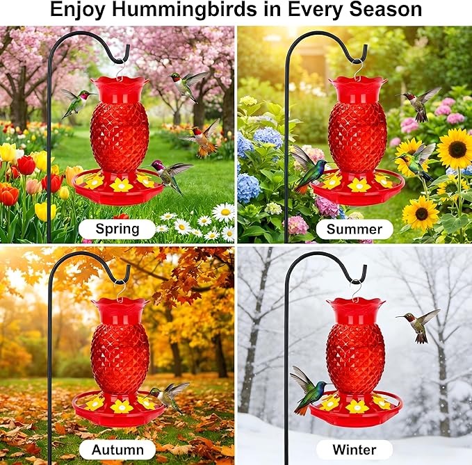 Fchstaer Glass Hummingbird Feeders for Outdoors Hanging 16oz 1 Pack Red Pineapple Bee & Ant Proof 360°Perch Leakproof Easy Clean with 6 Feeding Ports Gifts for Mom