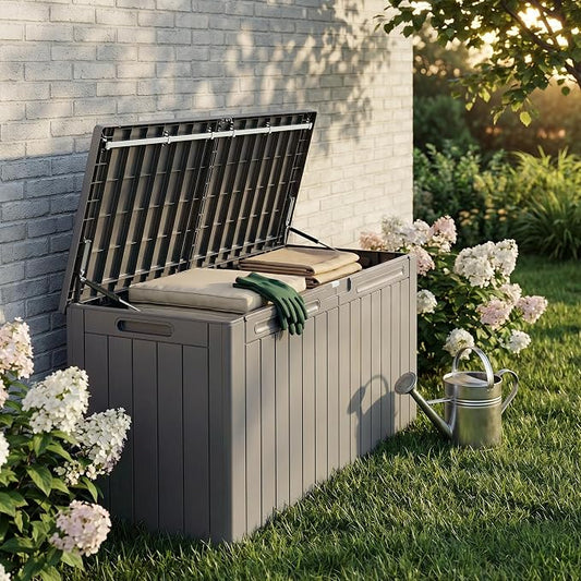 110 Gallon Deck Box Outdoor Indoor Waterproof Storage Box for Patio Furniture, Pool Accessories, Garden Tools, and Cushion Storage, Coffee