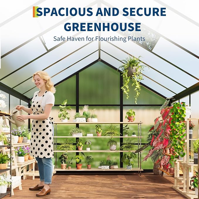 8x10 FT Greenhouse, Greenhouses for Outside, Polycarbonate Greenhouse with Aluminum Frame, Lockable Door and Ajustable Roof Vent for Backyard, Green Houses for Outside Garden Backyard, Patio
