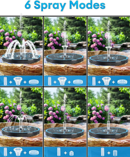 3.5W Solar Fountain,Upgraded 100% Glass Panel Solar Bird Bath Fountain with 2000mAh Battery,7 Color RGB LED Lights & 6 Nozzles,Solar Fountain for Bird Bath,Garden, Pond, Pool, Outdoor Decor(Blue)
