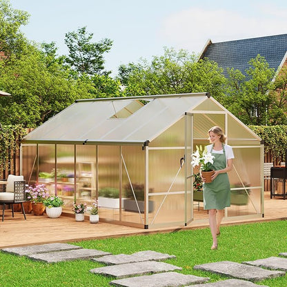 8x12 ft Walk-in Greenhouse, Polycarbonate Panels with Reinforced Aluminum Frame, Large Garden Green House for Planting and Seed Starting, Quick-Assembly Structure with Adjustable Roof Vent