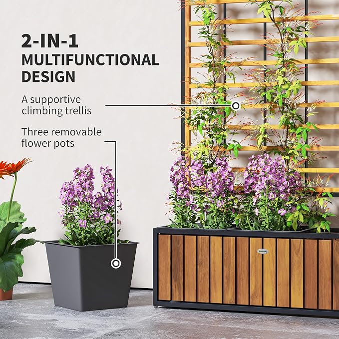 Outsunny Wooden Raised Garden Bed with Trellis, Removable Pots, Drainage Holes for Climbing Vines, Vegetables, Flowers, Raised Planter Box for Backyard, Patio, Balcony, 29 x 11 x 52 in., Teak