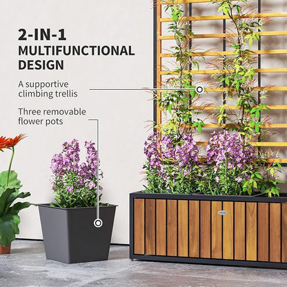 Outsunny Wooden Raised Garden Bed with Trellis, Removable Pots, Drainage Holes for Climbing Vines, Vegetables, Flowers, Raised Planter Box for Backyard, Patio, Balcony, 29 x 11 x 52 in., Teak