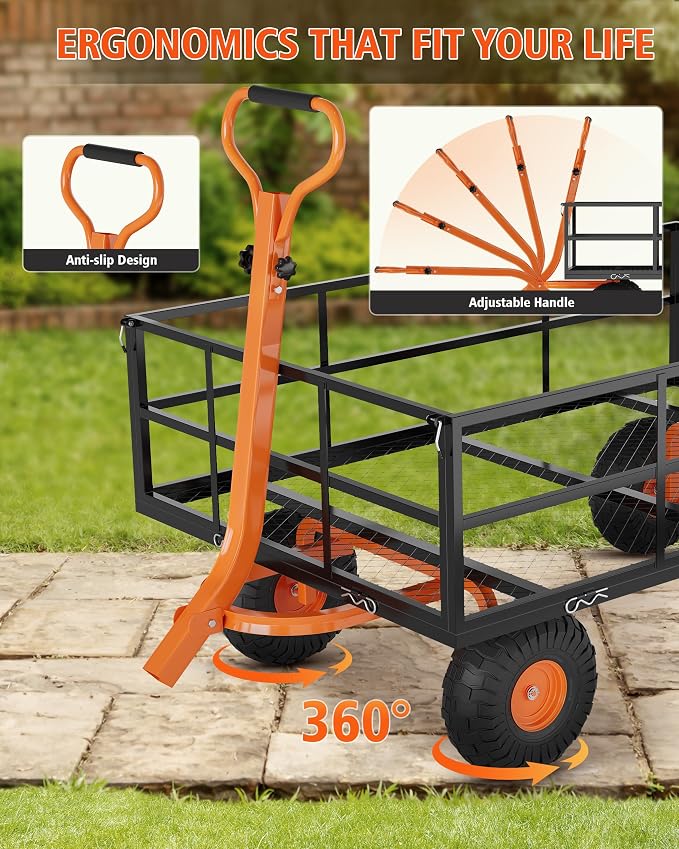 GarveeLife Heavy Duty Steel Garden Cart, 1200 LBS Capacity 3 in 1 Pullable Garden Wagon with 13 in Wheels, for Gardening Soil, Tools, and Plant Transport