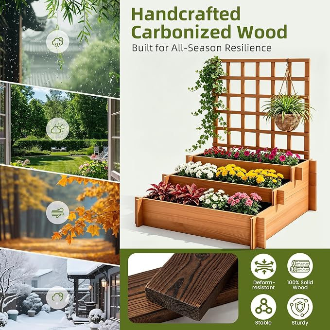 43" 3-Tier Fir Wood Raised Garden Bed with Trellis for Vegetables | Fir wood raised bed with trellis, non-woven liners, and 3 growing tiers for climbing veggies, herbs, flowers, or vines
