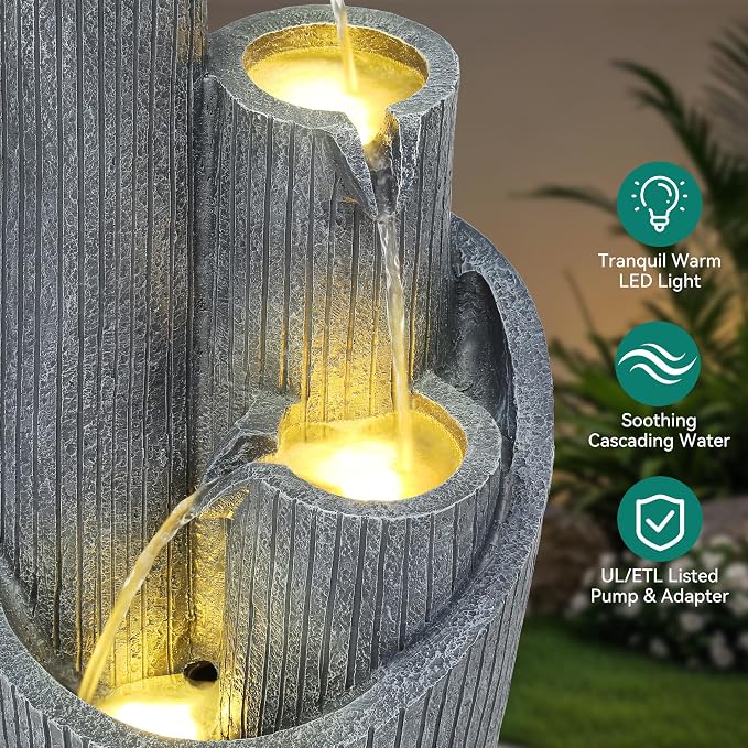 AUTODAYA 31" 5-Tier Twist Pedestal Outdoor Fountain LED Cascading Waterfall | geometric twist Pedestal Bowl design, fluted texture, patio garden, Backyard, Deck, or Porch