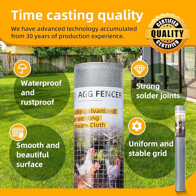 36in x 50ft Hardware Cloth 1/8 inch 27Ga Hot Dipped Galvanized After Welding, Chicken Coop Wire Fence, Welded Metal Fencing Roll Mesh for Bee Screen Garden Plant Poultry Animal Netting Cage