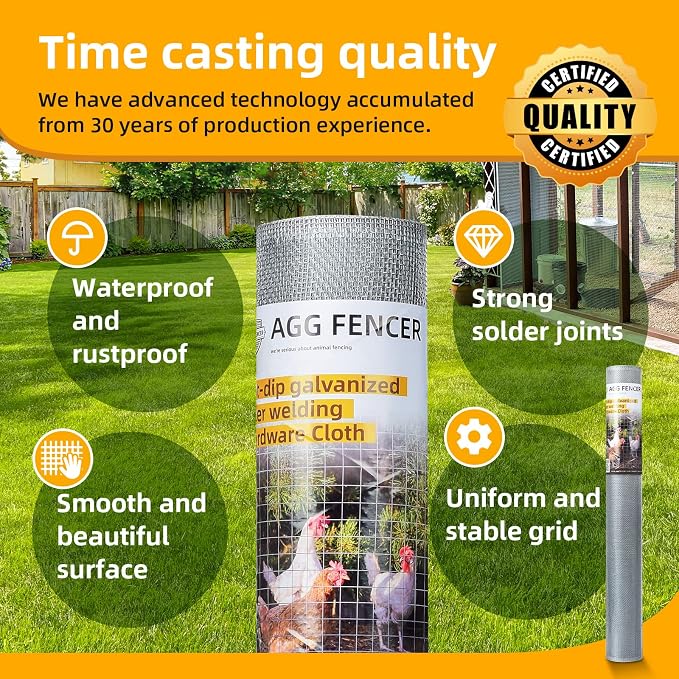 24in x 10ft Hardware Cloth 1/8 inch 27Ga Hot Dipped Galvanized After Welding, Chicken Coop Wire Fence, Welded Metal Fencing Roll Mesh for Bee Screen Garden Plant Poultry Animal Netting Cage