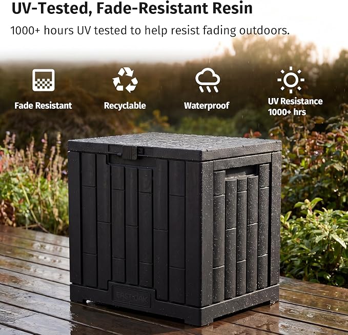 EAST OAK 31 Gallon Outdoor Storage Box, Waterproof Deck UV-Resistant Resin Bin for Patio Cushions, Garden Tools, Accessories & Package, Lockable Wind-Resistant Lid, Steel-Reinforced, Black