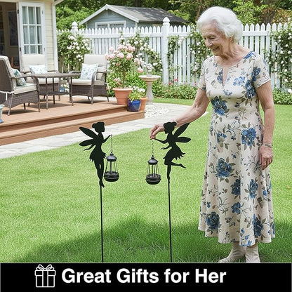 Solar Fairy Garden Accessories Outdoor 1 Pair - Metal Stakes Decorative Figurines Housewarming Ornament for Patio, Lawn, Yard, Pathway - Unique Gift Ideas for Mom Grandma (Type B Color-Shifting)