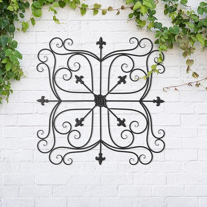 Glitzhome Vintage Wall Decor, Black Artistic Beauty Metal Garden Ornament Powder-Coated Matte Black Finish Charming Fleur-de-lis Outdoor Indoor Decoration