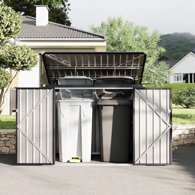 GarveeLife 3x6 ft Garbage Bin Shed Stores, Outdoor Trash Can Storage 2 Binsgarbage Bin Storage Shed, Metal Trash Shed Waterproof Outside Storage