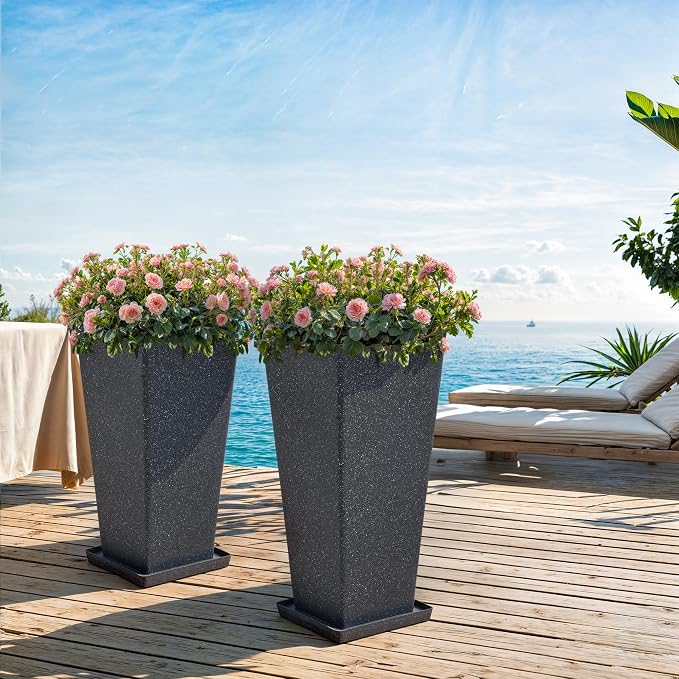 Autodaya 28" Tall Planters Set of 2 Black Terrazzo Plastic Flower Pots | Large Weather-Resistant Planters for Patio, Porch, Garden, Front Door, Indoor Spaces, and Christmas Decor