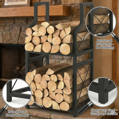 Firewood Rack Indoor Outdoor - 31.5" Vertical Log Holder with Kindling Storage, Heavy Duty 2-Tier Steel Wood Stacker Stand with X-Guardrails for Fireplace, Patio, Porch, Black