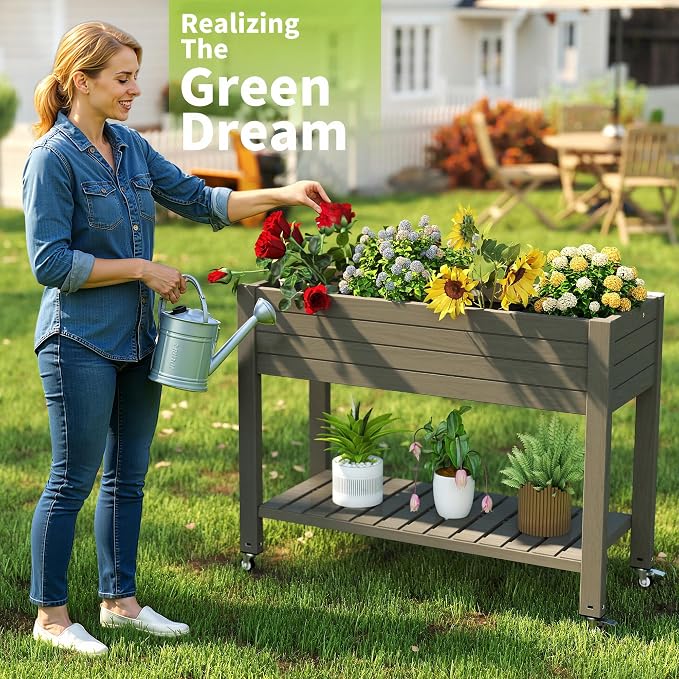 Elevated Raised Garden Bed with Wheels,Outdoor Large Resin Patio Planter Box Stand Divisible with Drain Plug,Water Monitor for Plants Vegetables Flowers Fruits(Grey,43.31 * 17.72 * 33.66)