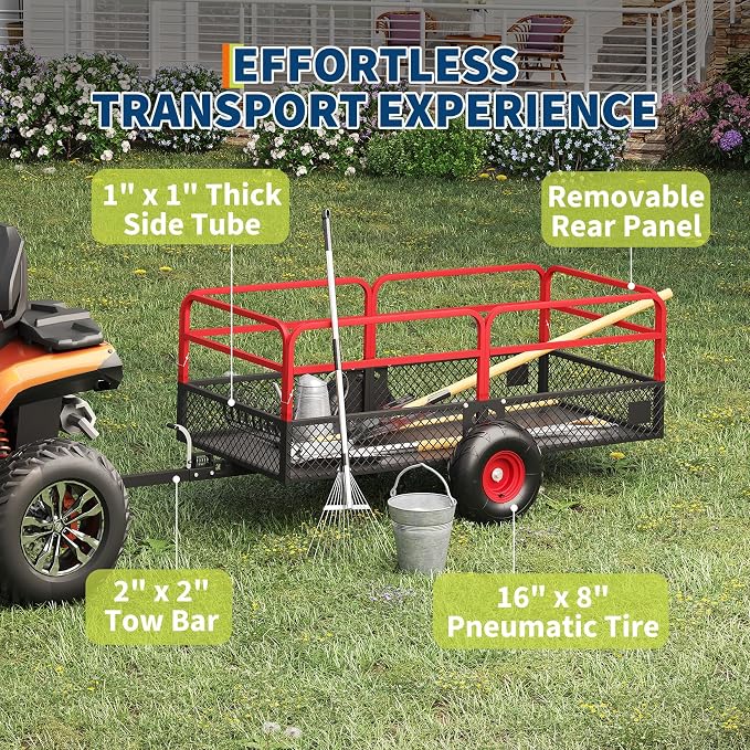 PeakPursuit Tow Behind Steel Dump Cart, Heavy Duty Yard Garden Trailer with Removable Sides & All Terrain Tires, Fits Lawn Mower, Tractor, Garden Cart, 1500 lbs 20 Cubic Feet, Red