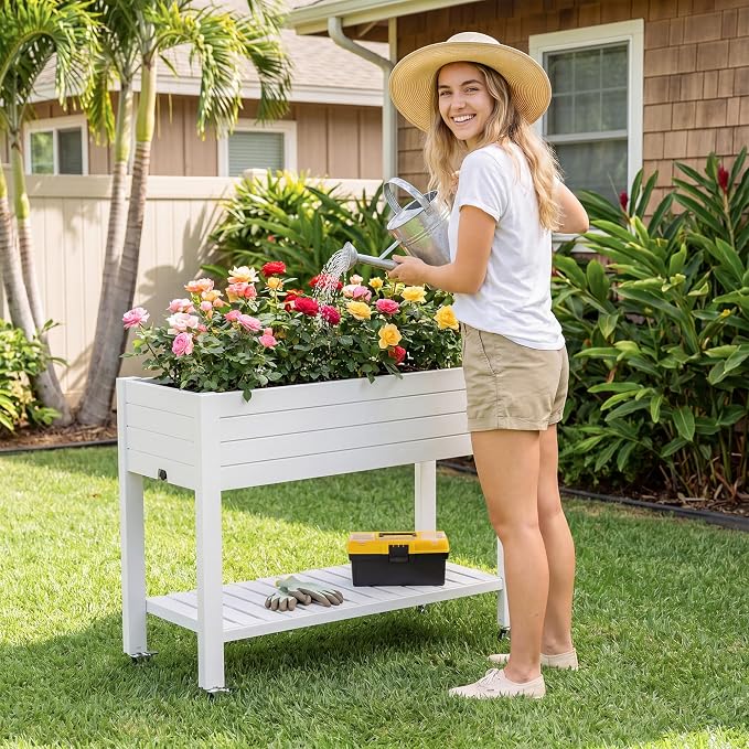 Fancyango Raised Garden Bed with Wheels 33.7" Hx2 -Ashen | Resin Elevated Garden Planter Box with Drainage, Outdoor Planter Box for Veggies Herbs Patio Balcony Backyard