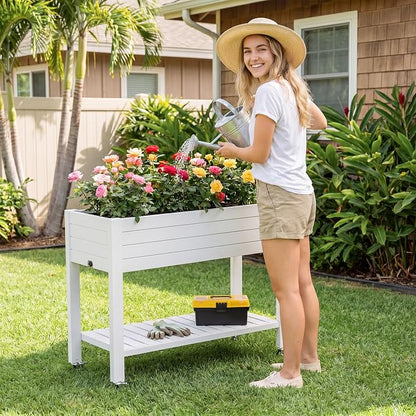 Fancyango Raised Garden Bed with Wheels 33.7" Hx2 -Ashen | Resin Elevated Garden Planter Box with Drainage, Outdoor Planter Box for Veggies Herbs Patio Balcony Backyard