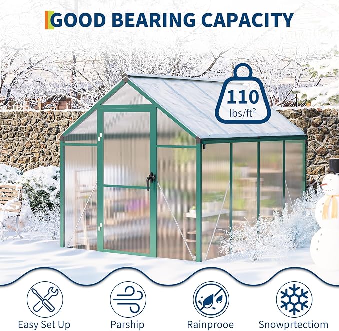 Garvee 6 X 10 Greenhouse, Greenhouses for Outside, Polycarbonate Greenhouse with Aluminum Frame, Lockable Door and Ajustable Roof Vent for Backyard, Green Houses for Outside Garden Backyard, Patio