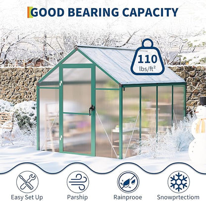 Garvee 6 X 8 Ft Greenhouse, Greenhouses for Outside, Polycarbonate Greenhouse with Aluminum Frame, Lockable Door and Ajustable Roof Vent for Backyard, Green Houses for Outside Garden Backyard, Patio