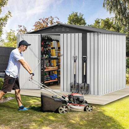 DWVO 7x5FT Outdoor Storage Shelter, Roomy Steel Tool Shed with Secure Entrances & Air Circulation for Patio, Lawn, and Backyard, Ideal for Storing Garden Gear, Lawn Tools, and Bikes, White