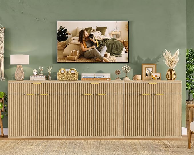 TEENFON 31.5" W Fluted Buffet Cabinet with Storage, Sideboard Cabinet, Coffee Bar Cabinet with 2 Doors and Adjustable Shelf for Living Room, Kitchen, Entryway, Natural