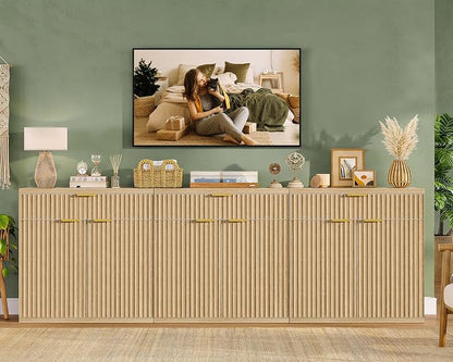 TEENFON Fluted Buffet Cabinet with Storage, 63" Sideboard Cabinet, Coffee Bar Cabinet with 2 Doors and Adjustable Shelf for Living Room, Kitchen, Entryway, Natural