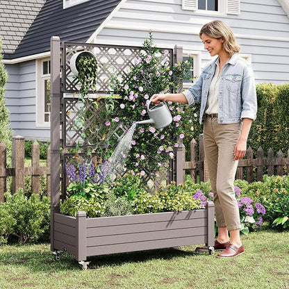 Elevated Raised Garden Bed with Wheels,Planter Box,Gray-61.2" h | Resin Planter Box with Drainage Holes, Water Monitor, Wheels for Garden Patio Backyard