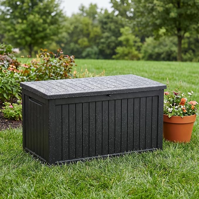 230 Gallon Deck Box, Waterproof Resin Outdoor Storage Box Lockable for Patio Furniture, Fade Resistant Patio Side Table & Organizer for Garden Tools, Pool Floats, Outdoor Cushions, Black